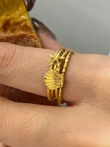 Ocean Vacation Style 18k Gold Stainless Steel Ribbed Shell Starfish Round Water Diamond Threaded Double-Layer Layered Ring Women's Beach Aesthetic Jewelry Gift