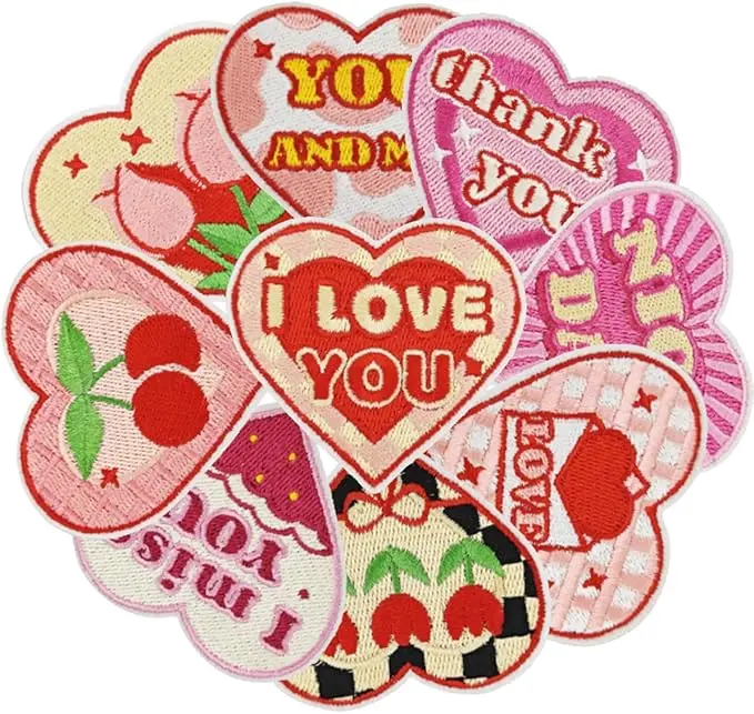 Patches - 9 Pink Heart Theme Iron-On Embroidery Patches, Valentine's Day Iron-On Sewing Fabric Embroidery Appliques for Clothes, Bags, Coats, Hats and Other Decorative Accessories