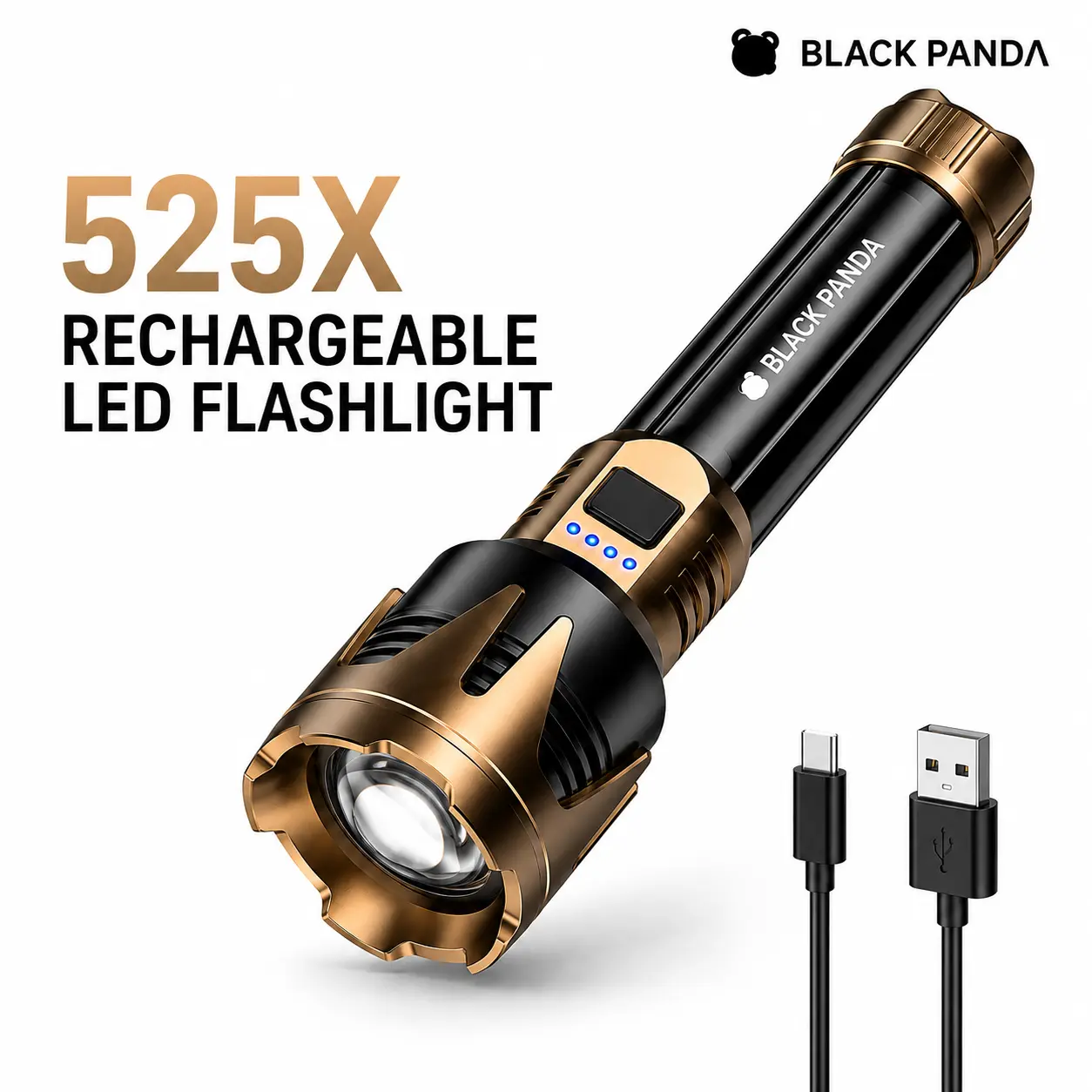 BLACK PANDA 525X Portable Rechargeable LED Flashlight, Adjustable-Focus Handheld Torch with Reversible Crown Head, 5 Light Modes, USB-C Charging and Battery Indicator for Camping, Power Outages, Car, Home and Emergency Use