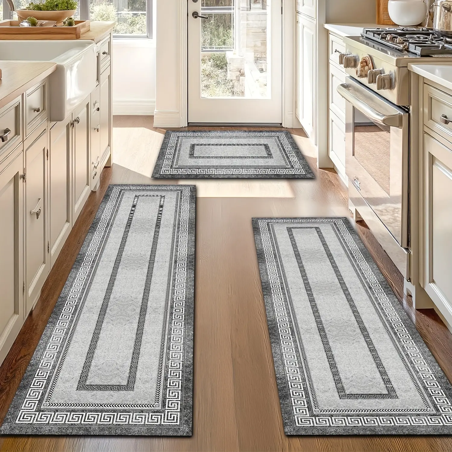 Set of 2 gray American vintage kitchen rugs, made of diatomaceous earth, checkered pattern running mats, non-slip, wear-resistant, soft, water-absorbent, machine washable—perfect for restaurants, laundry rooms, hallways, and bathrooms.