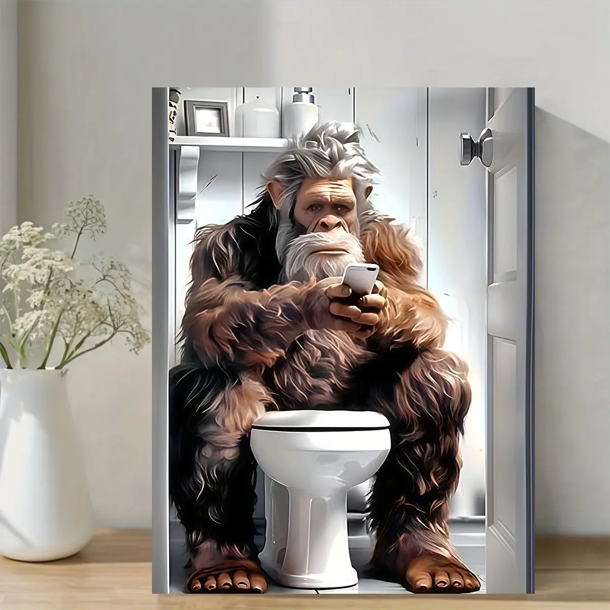 A Wrapped Solid Wood Frame, Poster, Funny Print Design, Funny Bigfoot in the Toilet, Suitable for Bigfoot Enthusiasts' Art Mural, Bedroom, Office, Living Room, Cafe, Bar, Bathroom Wall Decoration, Art Canvas Prints, Decoration Items