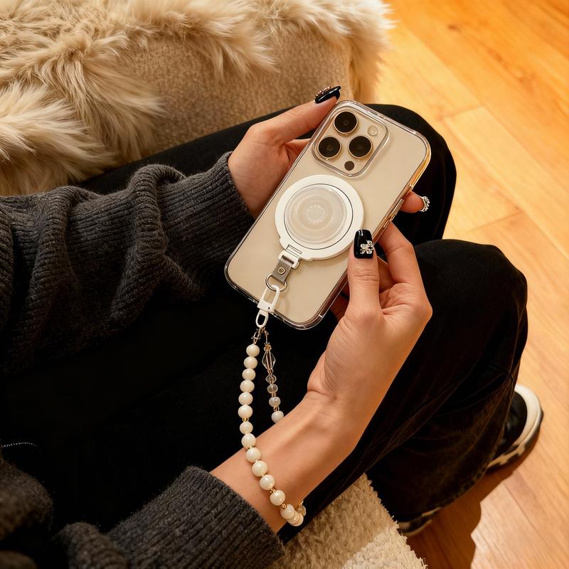 Magnetic Charm with Phone Grip Base for Kindle & Phone – Short Beaded Phone Chain, Anti-Theft Hands-Free Wrist Strap, Detachable Lanyard, Handmade Beaded Wrist Chain (Magnetic Ring Sticker Included for Non-MagSafe Devices)