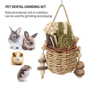Pet Teeth Grinding Rods Hamster Rabbit Chew Grass Toy Set, Apple Branch Sweet Bamboo Toothbrush, Natural Fiber Pet Supplies