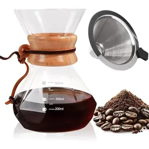 Pour Over Coffee Maker 400ml 13.5oz with 304 Stainless Steel Filter Wooden Collar Holder Borosilicate Glass Drip Coffee Server Set Clear Hand Brew Dripper Carafe for Home Camping Travel