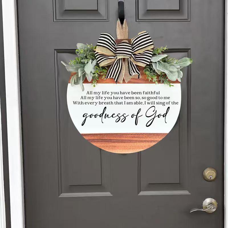 Christian Round Wooden Religious Door Hanger - 11.8 in Greenery, Goodness of God Bible Verse Sign, Smooth Lightweight Farmhouse Daily Decoration, Pre-Hung Rope Inspirational Porch Gift for Entryways