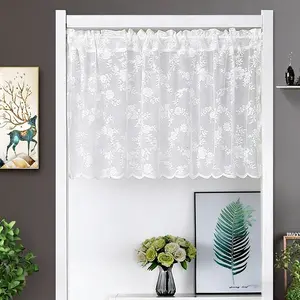 1PC White Lace Curtains Valance for Kitchen Bathroom Sheer Floral Cafe Curtains 24 Inch Length Scalloped Bottom Curtain Tiers Tulle Voile Window Treatment Rod Pocket Top