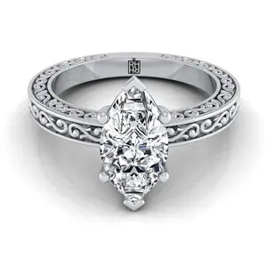 Hand-Engraved Scroll Vintage Solitaire Marquise Engagement Ring Setting in Platinum