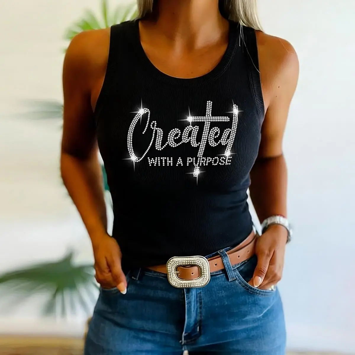 ChicMe Women's Rhinestone Letter Pattern Ribbed Tank Top Slim Fit Sleeveless Top Y2K Aesthetic Streetwear Vest