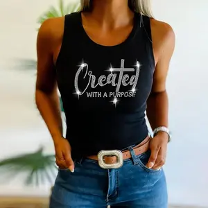 ChicMe Women's Rhinestone Letter Pattern Ribbed Tank Top Slim Fit Sleeveless Top Y2K Aesthetic Streetwear Vest