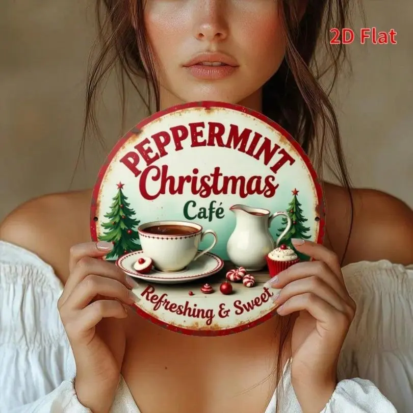 2D Flat, Vintage Christmas Café Metal Sign - 7.8" Round Iron Wall Decor with "Peppermint Christmas Cafe" Design, Red & Green Holiday Theme, Perfect for Home, Garden, and Gift-Giving, Outdoor-Grade, Ideal for Coffee Lovers, Christmas Home Decor