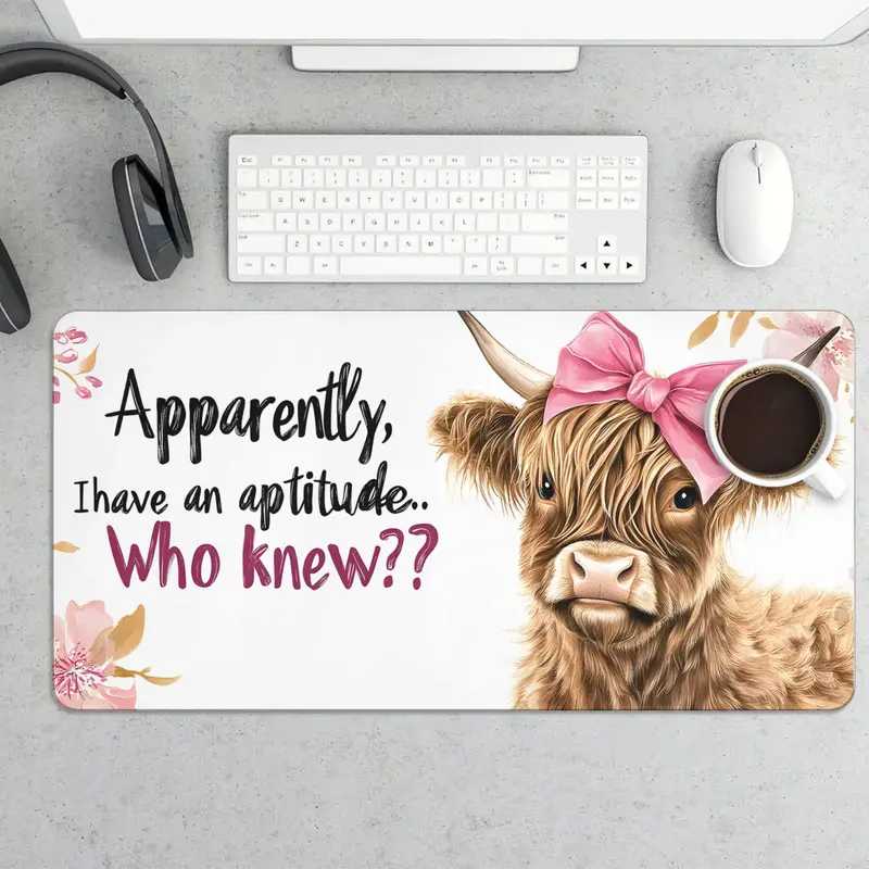 1pc Large Highland Cow Mouse Pad & Desk Mat With Pink Bow for Stylish Office Decor Featuring Cute Cow Design and Inspirational Quote