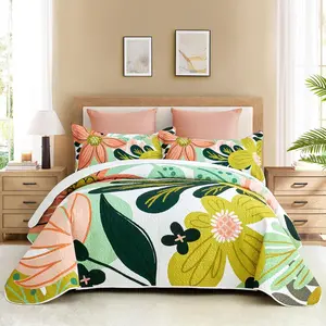 3 count Boho Floral Full/ Quilt Sets Farmhouse Reversible Lightweight Bedspread Coverlet with 2 Shams Mid Century Botanical Leaves Microfiber Bedding Quilts Set for  Season, 90''x96''