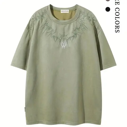 Men's Graphic Embroidery Drop Shoulder Crewneck Tee, Loose Casual Streetwear Short Sleeve Round Neck T-Shirt for Summer, Fashion Men's Top for Daily Wear Oversized T Shirt