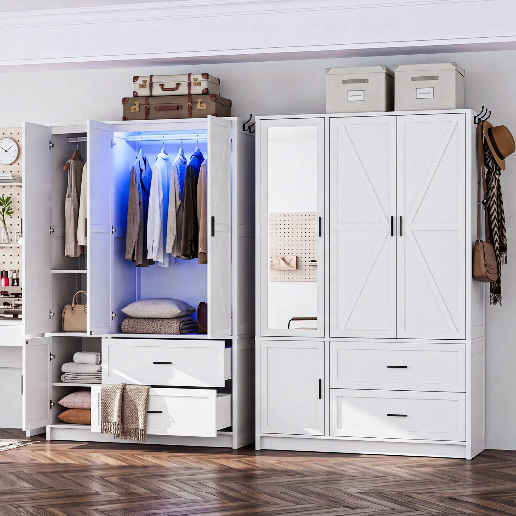 White Oak Wood 3-Door Rectangular Wardrobe Closet - Single Unit with Mirror, LED Lights, Large-Cap Storage, Freestanding Bedroom Armoire for Hanging Clothes, Requires Assembly