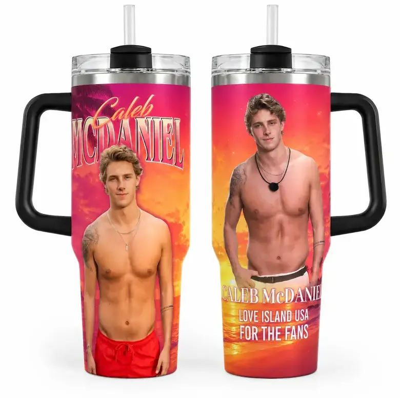 [Gift Box Included] 40oz, 20oz Caleb Love USA Reality TV Sunset Beach Heartthrob Print Stainless Steel Tumbler with Handle and Straw Vacuum Insulated Travel Mug Fits Car Cup Holder Cool Gift for Fan Girls & Reality TV Fans