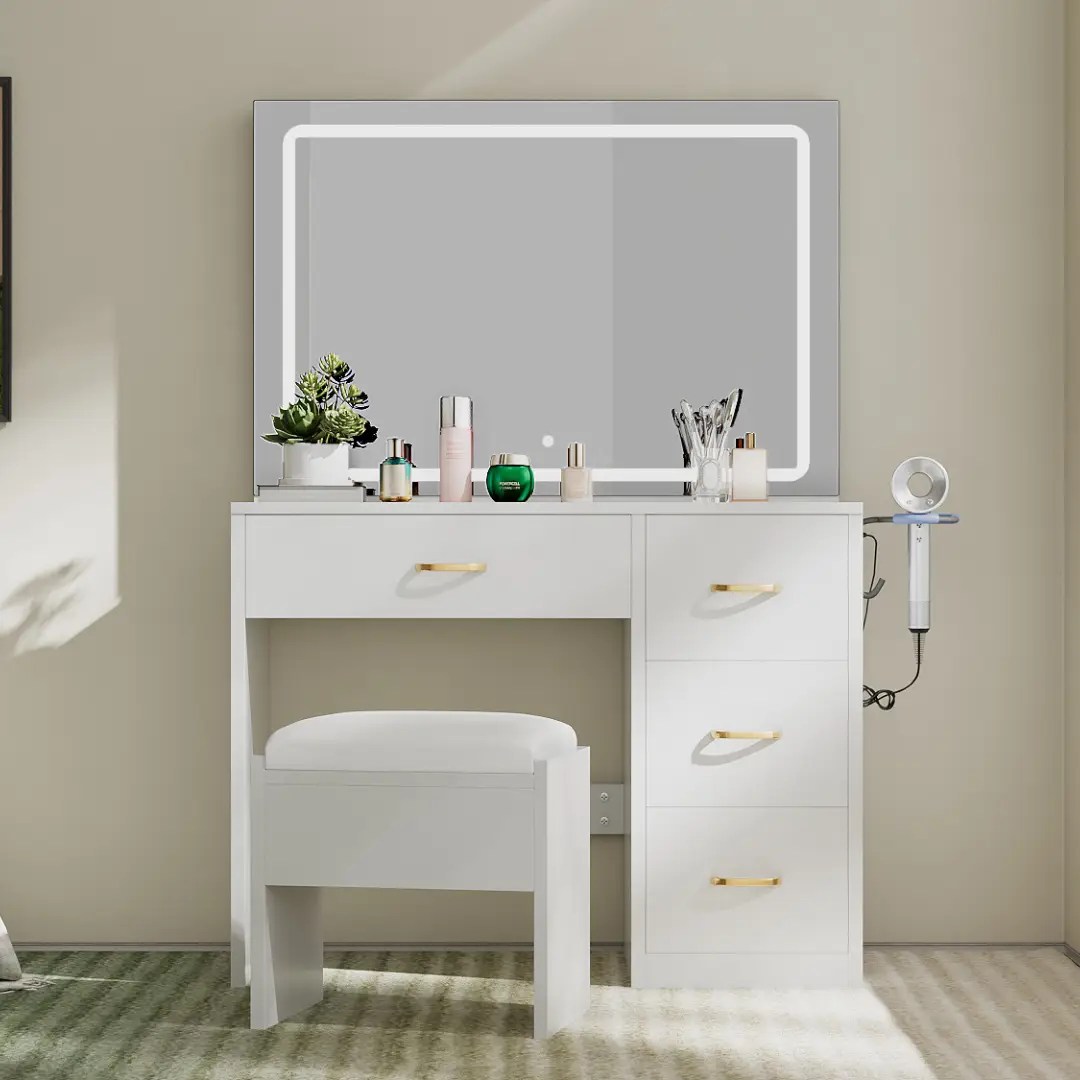 YITAHOME Makeup Vanity with Lighted Mirror, Vanity Desk with Power Strip, Adjustable Lighting, 4 Drawers, and Cushioned Stool for Bedroom, Dressing Ro