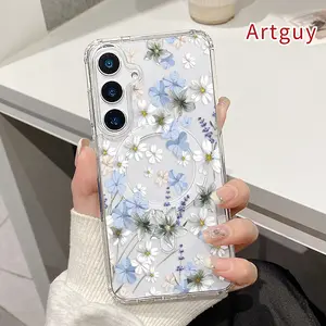 Magnetic Soft Case for  Samsung Galaxy S26 Edge S23 Ultra S24 Plus FE S25 S22+ Non-Yellowing Drop Protection Transparent Acrylic Large Hole Floral Whisper Canvas Pattern Shockproof Silicone Cover Supports Wireless Charging