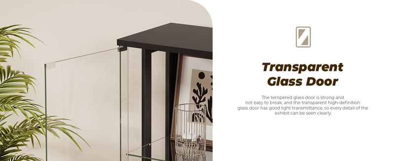 BROTTAR Display Cabinet with Glass Doors, 4-Tier Curio Cabinet with 3 Color Lights for Collectibles, 65" Lighted Glass Display Case with Transparent Full-Display Surface, Human Body Sensor, Black