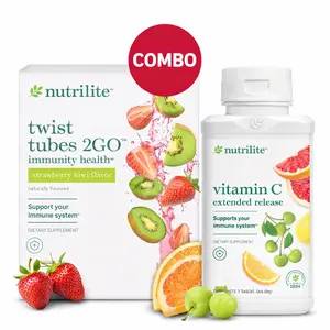 Nutrilite Daily Immunity Combo Vitamin C Extended Release & Twist Tubes 2GO Strawberry Kiwi Flavor 180 Tablets Plant-Based Supplement for Immune Support - Fitness, Edible