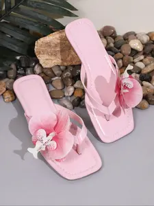 Women's Fashionable Flower Decorated Slide Sandals, Casual Comfortable Flat Sandals for Summer, Lightweight Breathable Shoes for Daily Wear, Girl