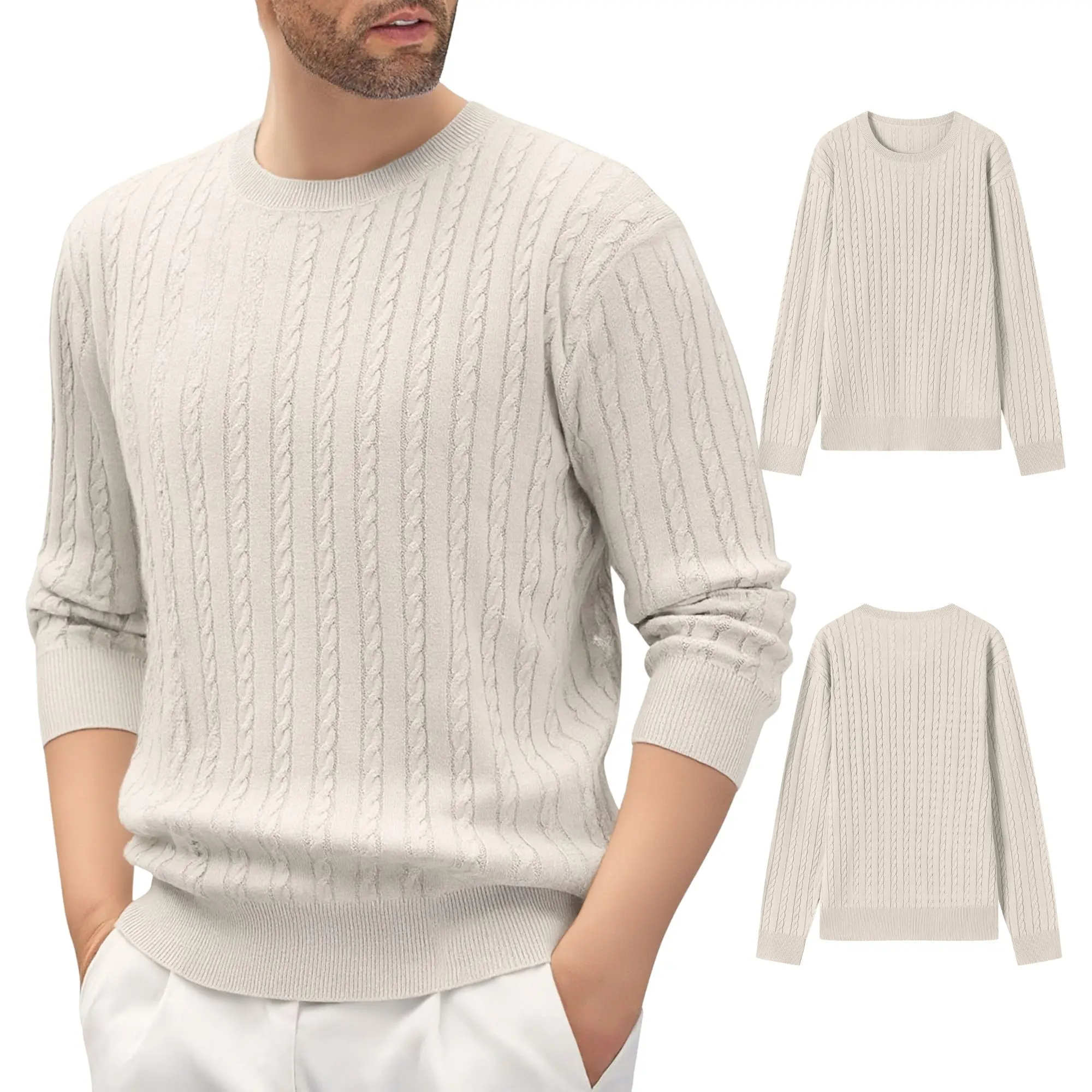 Men’s solid-color cable knit pullover sweater, vertical cable pattern, crew neck, loose casual fit