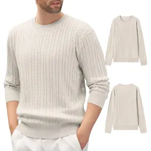 Men’s solid-color cable knit pullover sweater, vertical cable pattern, crew neck, loose casual fit