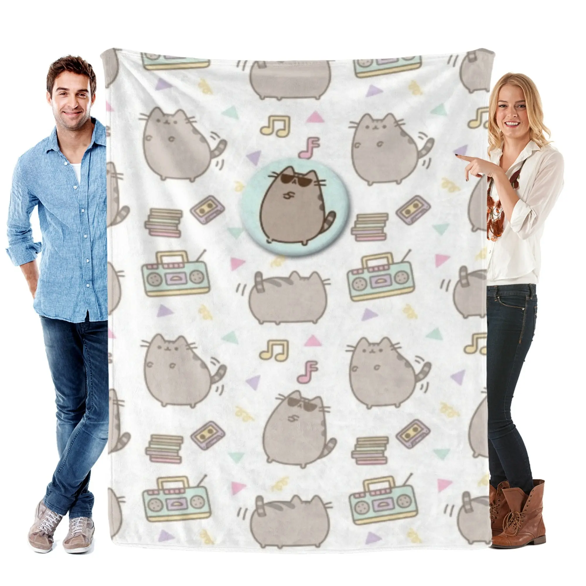 Pusheen Cat Music Boombox Cassette Tape All Over Print Flannel Throw Blanket White Background Cute Cartoon Ultra Soft Fleece Blanket, Teen Girl Bedroom Dorm Decor, Lovely Birthday Gift For Pusheen Fans
