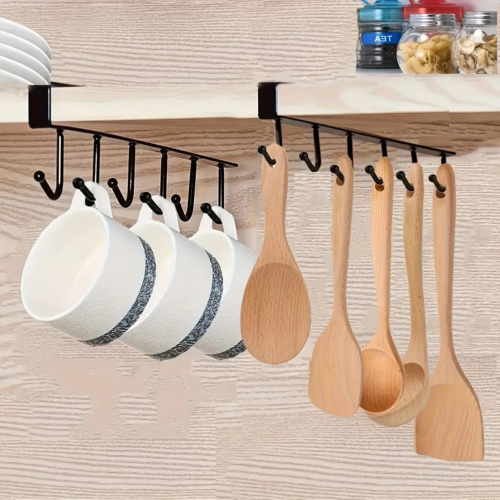 6 Hooks Set No-Drill Under Cabinet Cast Iron Coffee Cup Holder - Easy to Install Accessory Hooks & Rails, Black Painted Home Organizer for Hanging Spoons, Ladles, Space-Saving ABS Kitchen Utensil Solution (3pcs)