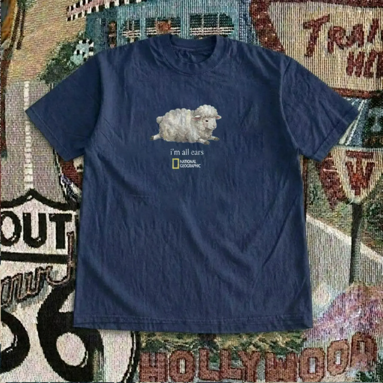 National Geographic "I'm All Ears" Sheep T-Shirt - Funny Animal Graphic Tee, Vintage Navy Blue Unisex Short Sleeve Top