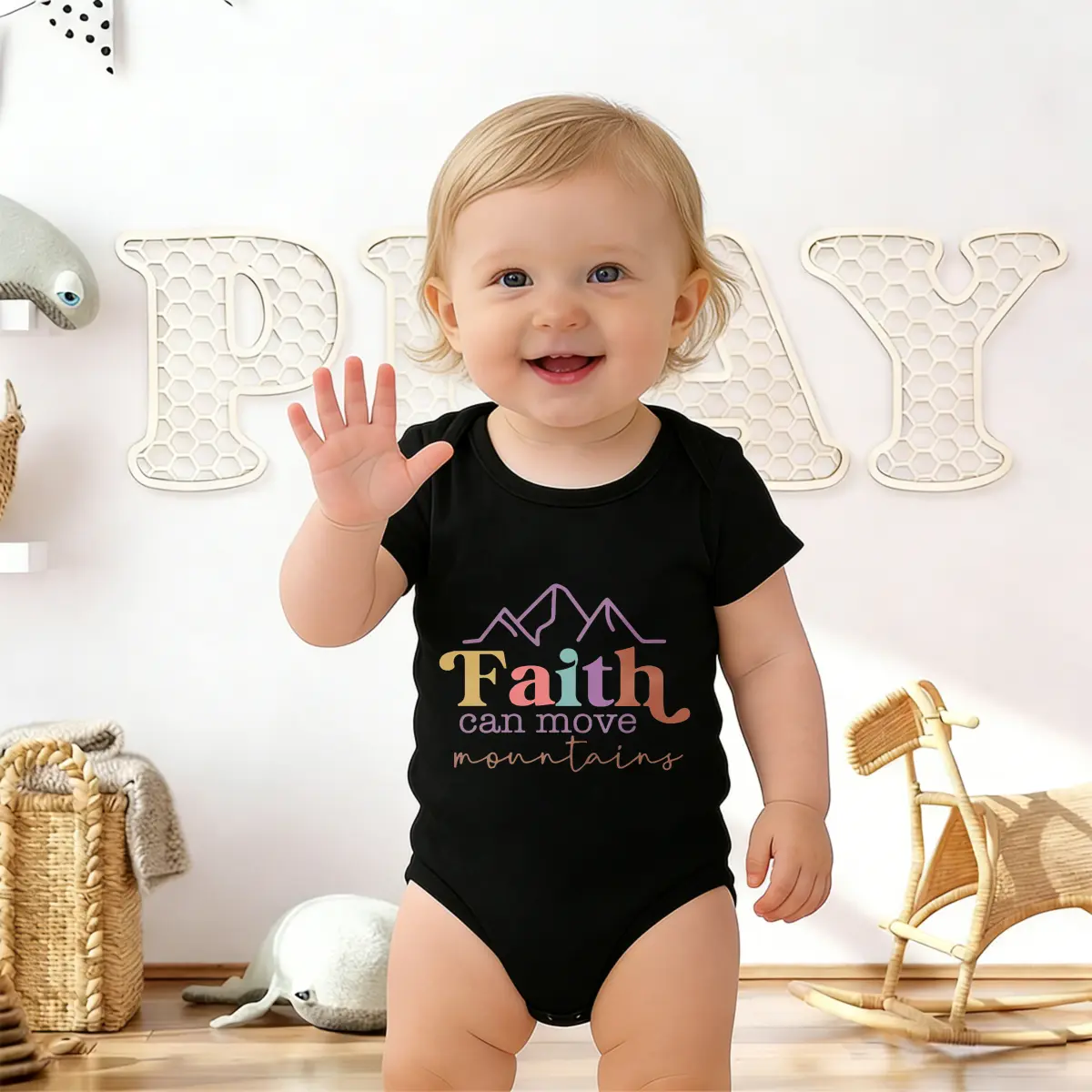Faith Can Move Mountains Print Onesie Crew Neck Short Sleeve Bodysuit | Soft Comfortable Cotton Fabric Breathable Cotton Modern Look Infant Size New Born, Baby Shower Gift