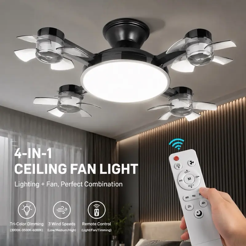 Drone Ceiling Fan with Remote, 3-Speed LED Socket Fan, Dimmable E27 Ceiling Light Fan, White & Black