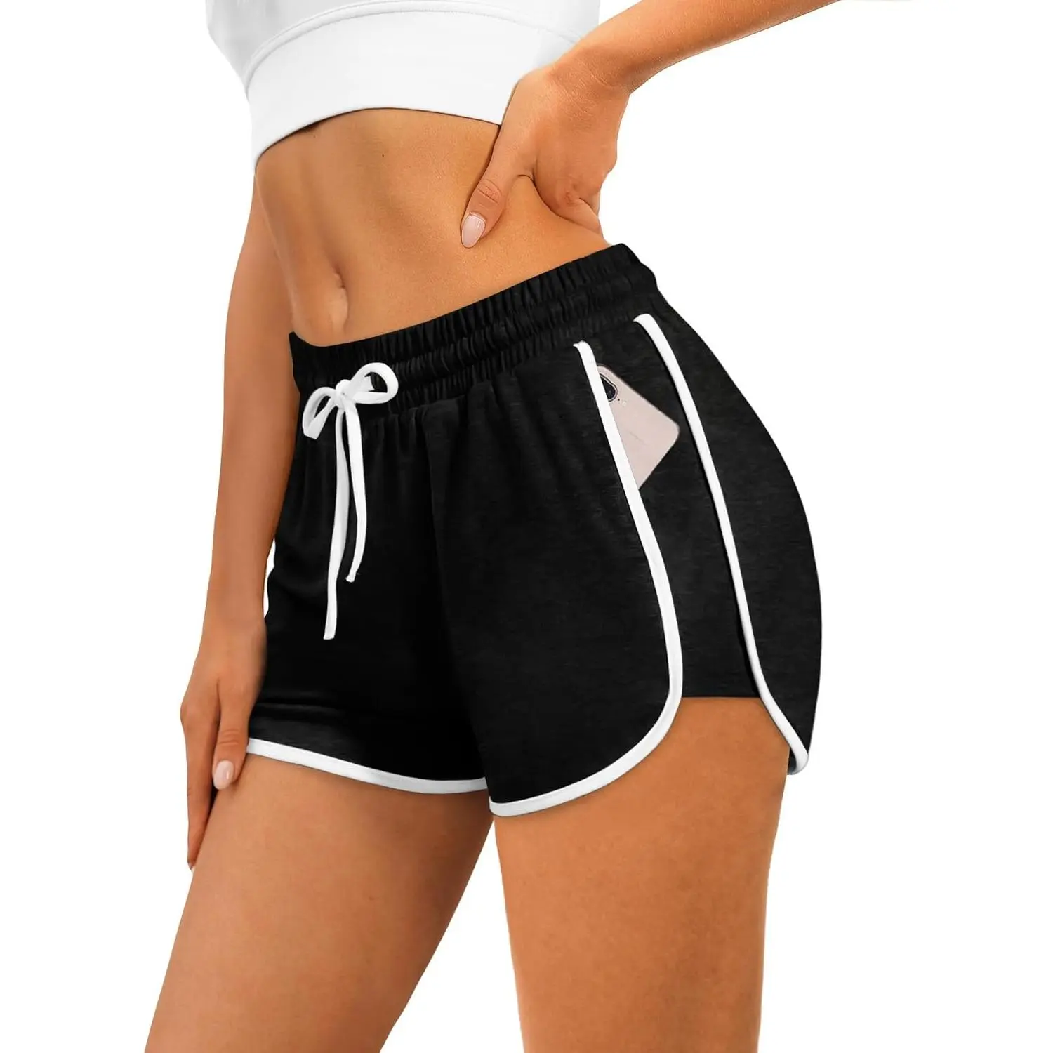 Women's Athletic Wear Shorts - Polyester Blend (35% Rayon) Running Dolphin Hem Shorts with Adjustable Drawstring, Pockets