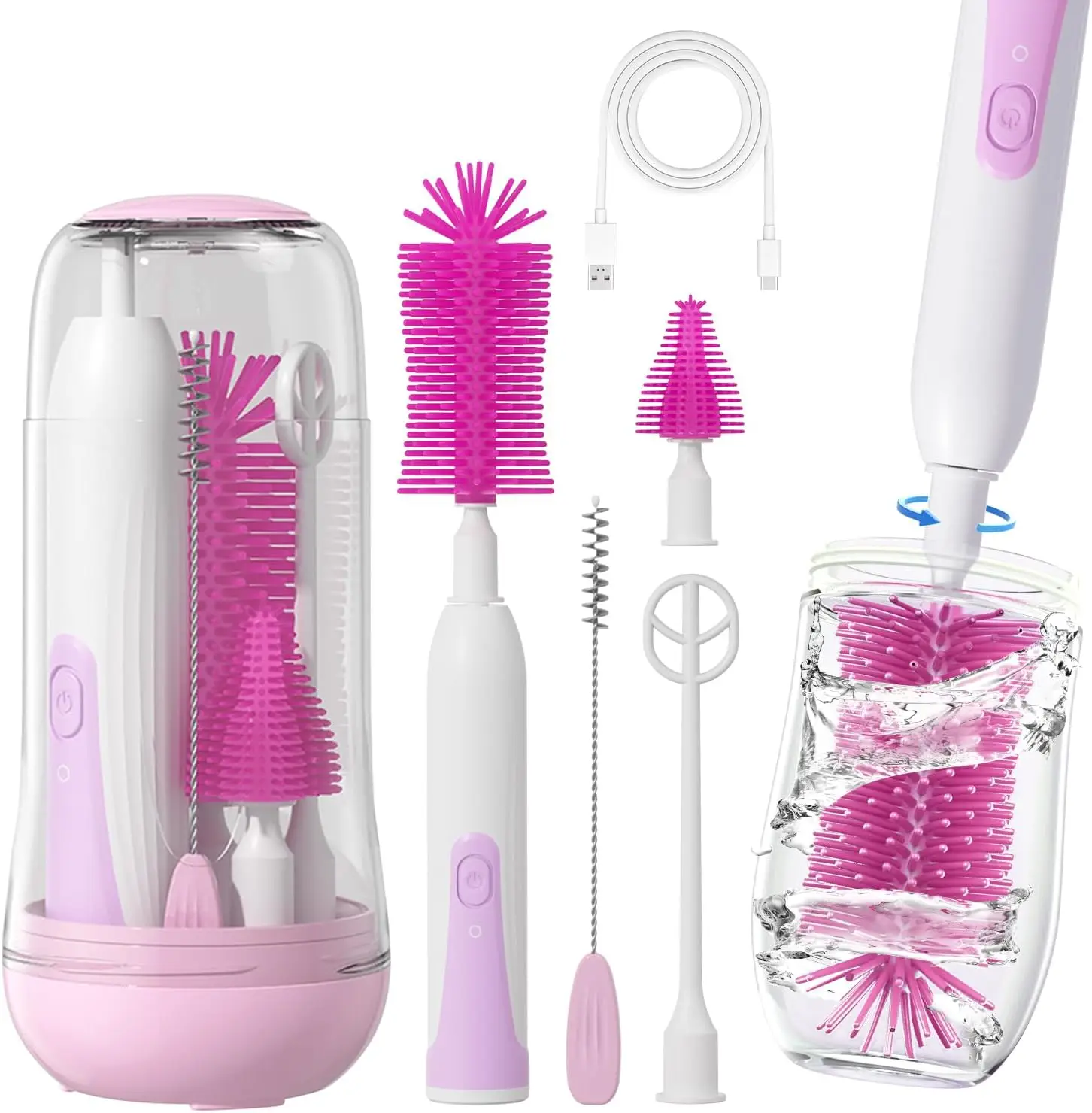 Electric Bottle Cleaning Brush, Baby Bottle Brush Cleaner Water Bottle Cleaning Kit, Nipple Brush Pacifier Cleaner Straw Cleaner Brush for Newborns,6