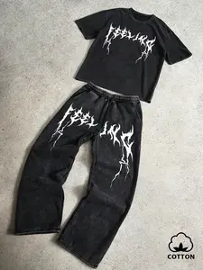 Men's Gothic Print Two-Piece Set, Metal Wind Lettering & Lightning Decoration, Soft Cotton Fabric, Streetwear Casual, Urban Vibe, Graphic