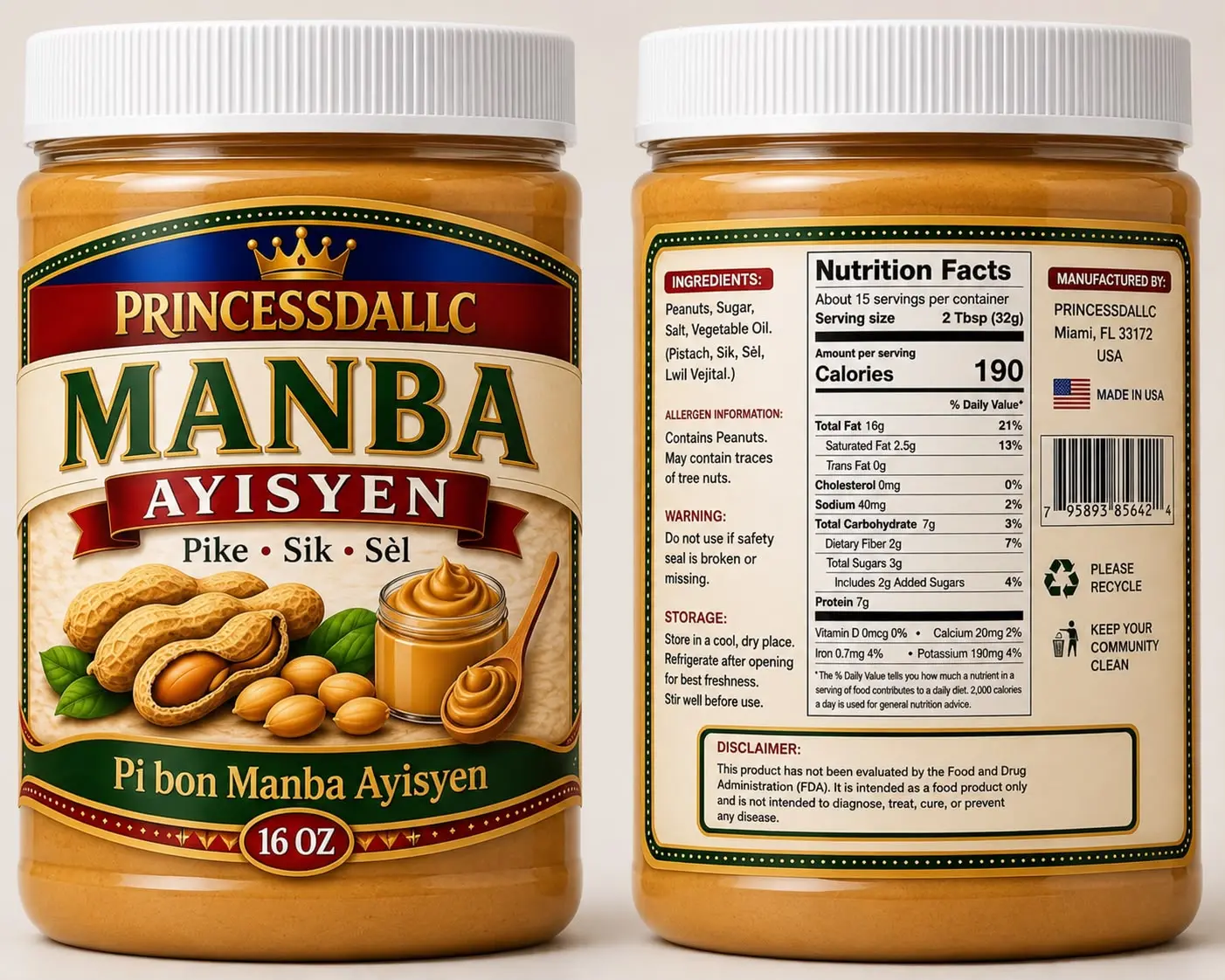 HAITIAN PEANUT BUTTER( MANBA AYISYEN) 16oz
