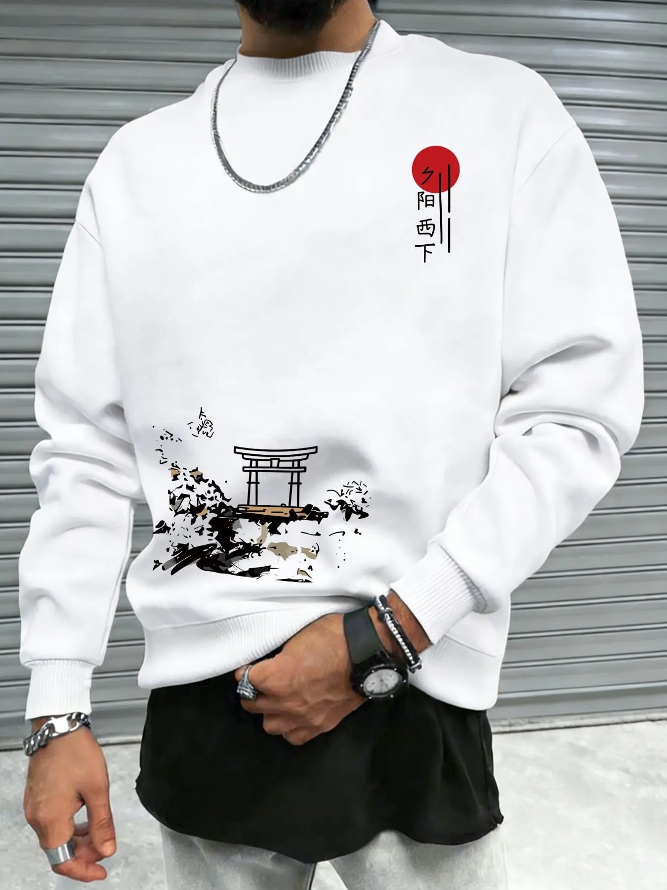 Men's Japanese Aesthetic Sunset Graphic Sweatshirt, Retro Kanji Temple Print, Oversized Crewneck, Casual Streetwear Pullover, Fall & Winter