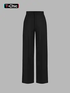 Women's Solid High Waist Straight Leg Pants, Casual Chic Trousers, Elegant Zipper Fly Trousers for Work Office Business, Ladies Bottoms for All Seasons