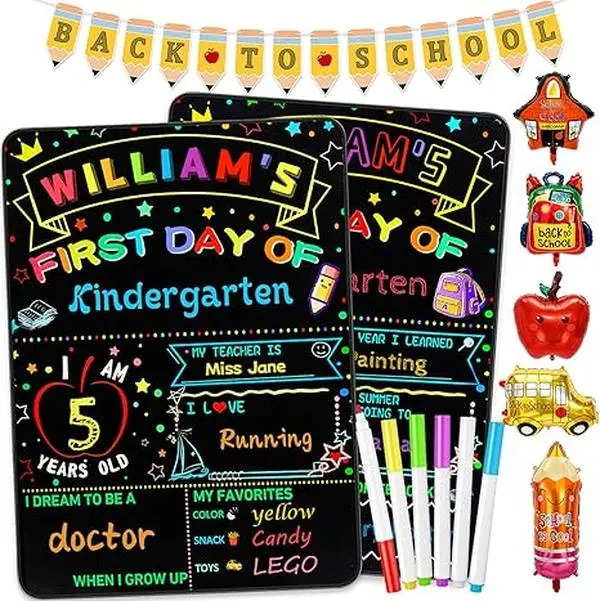 First & Last Day of School Sign for Kids 14" x 11" Double Sided Chalkboard Board with 6 Liquid Chalk Markers Pencil Banner & 5 School Balloons Back to School Supplies for Kindergarten Preschool & Elementary Students