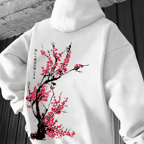Men's Floral Print Drop Shoulder Hoodie, Fashion Casual Regular Fit Drawstring Pocket Hooded Sweatshirt for Daily Holiday Outdoor Wear, Men Clothes for Fall & Winter