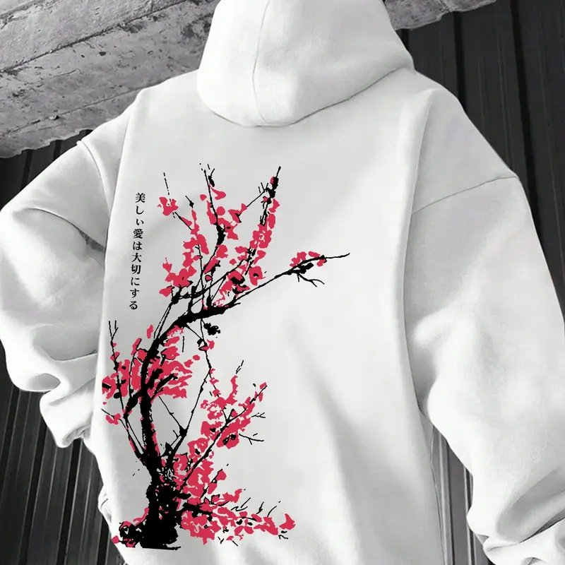 Men's Floral Print Drop Shoulder Hoodie, Fashion Casual Regular Fit Drawstring Pocket Hooded Sweatshirt for Daily Holiday Outdoor Wear, Men Clothes for Fall & Winter