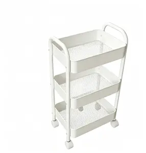 Durable three-tier steel storage cart, multifunctional mobile tool cart with wheels, suitable for offices and kitchens, portable storage rack, white