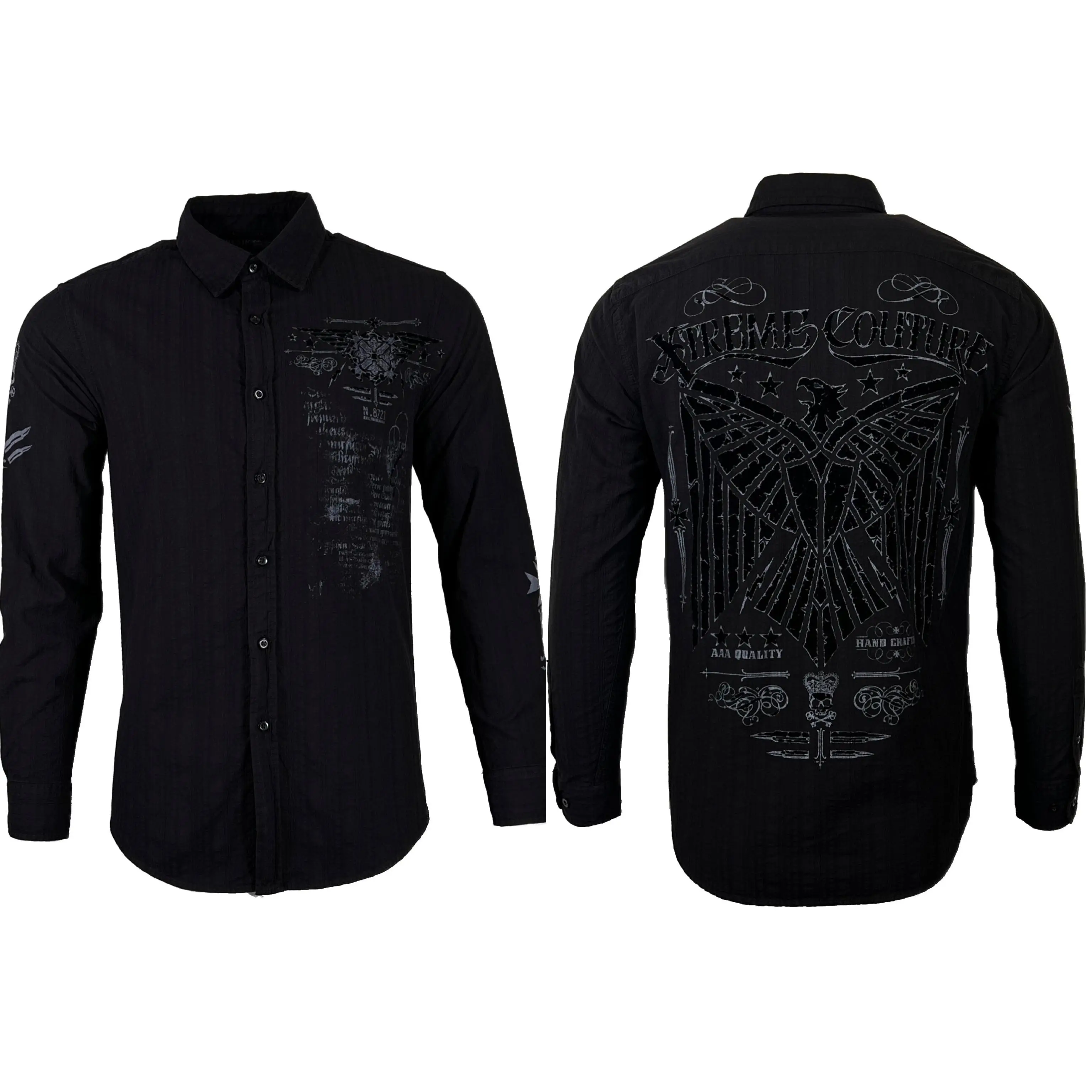 Xtreme Couture by Affliction Men's Long-Sleeve Cotton Button-Down Graphic Shirt - CONNECT Black Biker Casual Shirt, Menswear Top