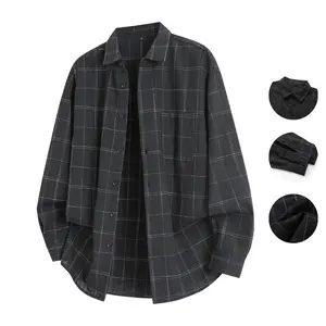 Men's light gray plaid buttoned long-sleeve shirt jacket with front chest pocket and sleeve cufflinks, suitable for spring and autumn wear