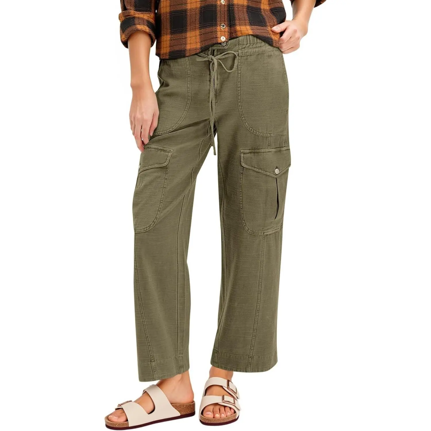 Aoysky Women's Baggy Cotton Drawstring Pants - Low Waisted, Adjustable Low-Rise, Wide Leg, Elegant Casual Hiking Bottoms with Multiple Pockets, Pocket Pants