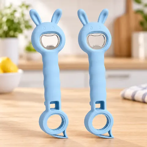 4-in-1 Bunny-Shaped Bottle & Jar Opener, Easy-Grip Multi-Function Kitchen Tool for Caps, Pull Tabs & Jar Lids