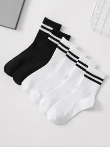 Women's 6 Pairs Striped Print Crew Socks, Multi-pack Casual Soft Comfortable Breathable Mid-calf Socks For Daily Wear, Breathable Comfy Socks, Women's Socks & Hosiery