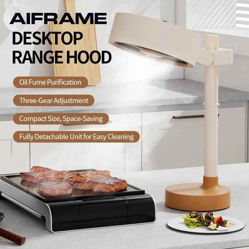 Compact Portable Range Hood - Desktop Smoke Purifier for Barbecue Grill, Hot Pot, Group Cooking, 3-Speed Suction, 3600 rpm Motor, Telescopic Stand Adjustable Height & Tilt, Detachable Polymer Filters & Oil Cup, Straight Airflow Low-Noise Kitchen Appliance