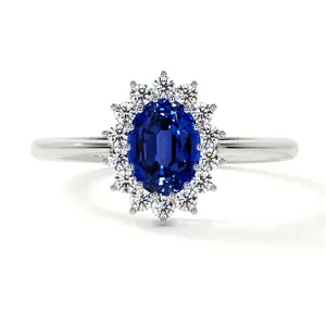 Classic Princess Diana Replica Oval Untreated Blue Sapphire Halo Ring (1.28cttw)- RBS024-7X5-AAAAA