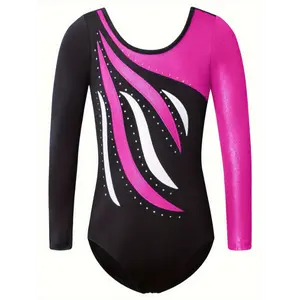 Girls 1-Piece Stitched Sparkling Rhinestone Design Long Sleeve Color Contrast Leotard for Gymnastics and Ballet - Perfect Gift for Girls