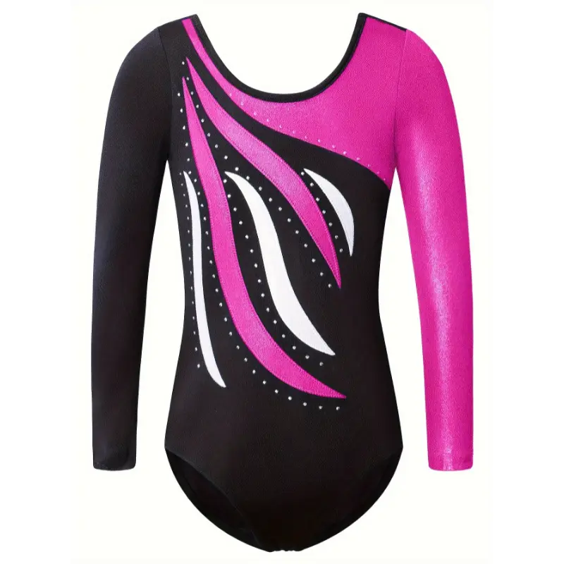 Girls 1-Piece Stitched Sparkling Rhinestone Design Long Sleeve Color Contrast Leotard for Gymnastics and Ballet - Perfect Gift for Girls